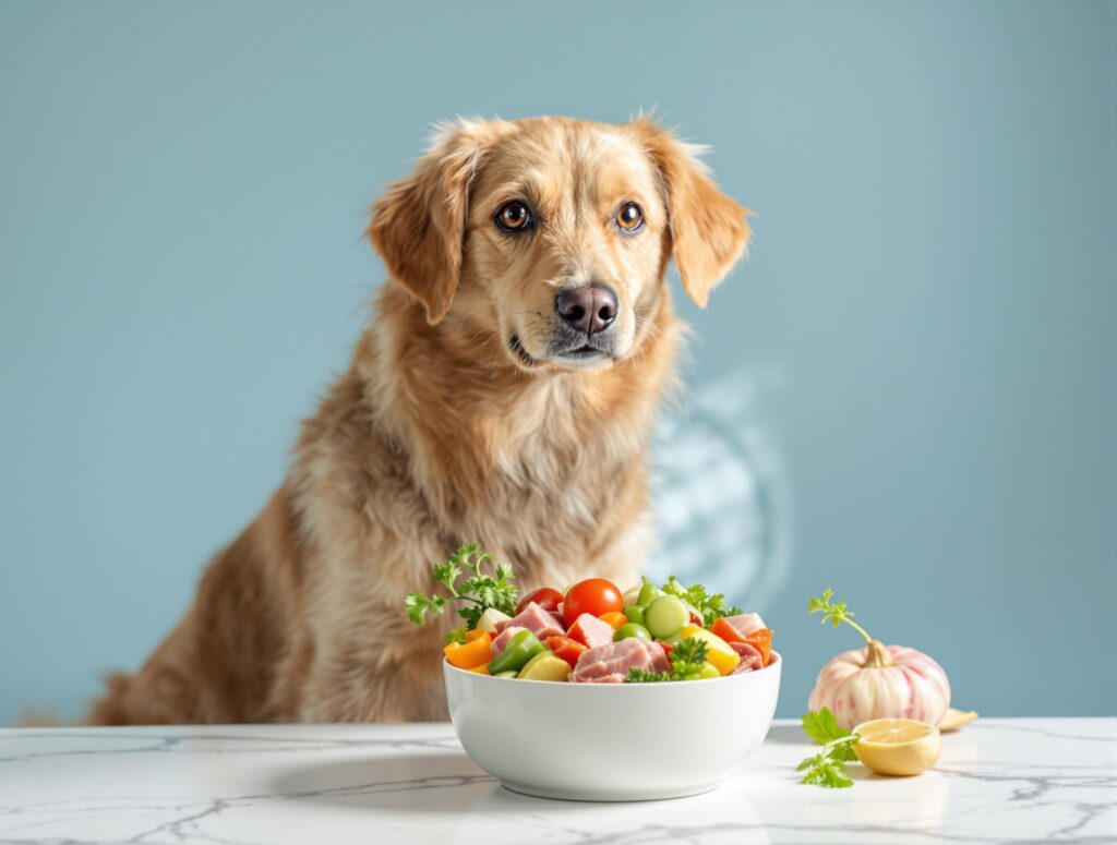 A well-groomed dog beside a bowl of fresh ingredients in a minimalist kitchen, highlighting healthy pet nutrition.