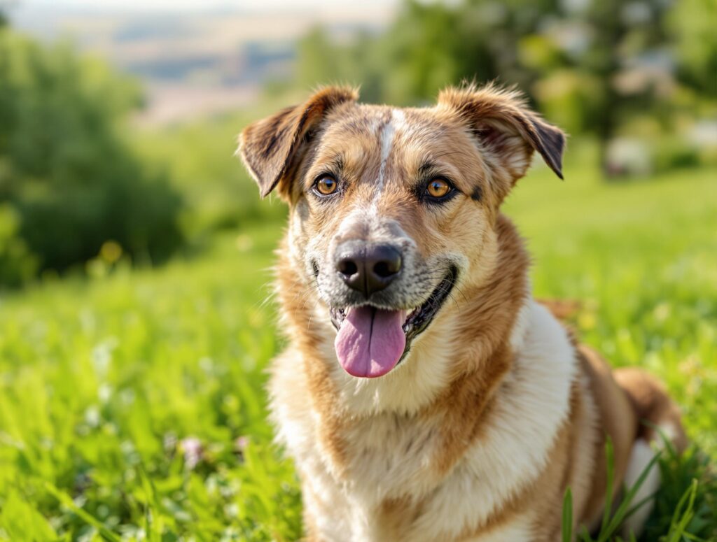 A healthy mixed-breed dog with a well-groomed coat on a grassy field in soft morning light.