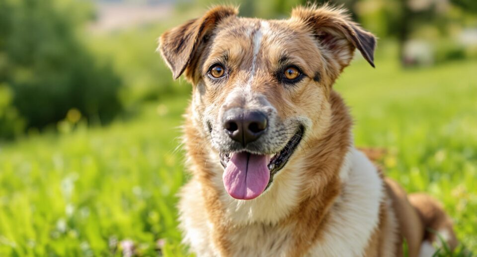 A healthy mixed-breed dog with a well-groomed coat on a grassy field in soft morning light.