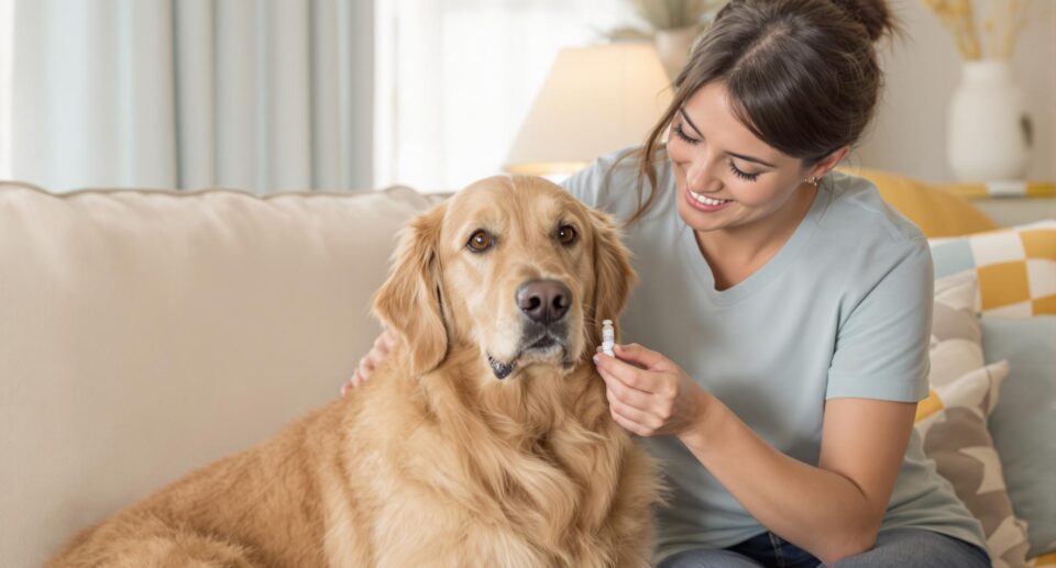 Woman administering Heartgard Plus to a calm golden retriever on a couch.