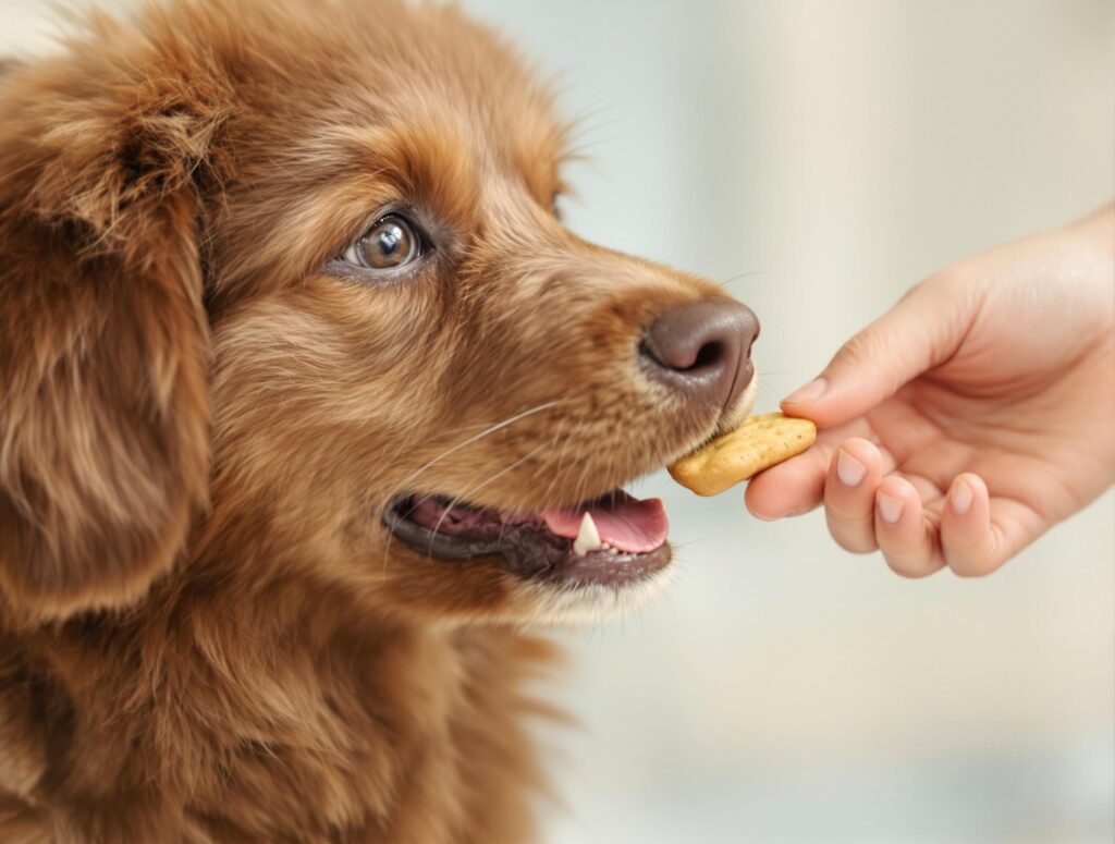 A medium-sized, fluffy dog with chocolate-brown fur eagerly accepts a treat, illustrating heartworm prevention with Heartgard Plus.