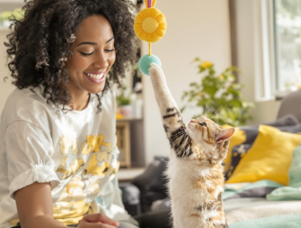 A pet owner in casual clothing interacts with a playful cat in a brightly lit, modern home with mint green and sunflower yellow accents.