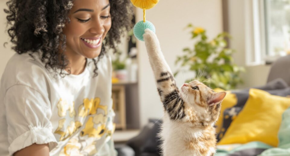 A pet owner in casual clothing interacts with a playful cat in a brightly lit, modern home with mint green and sunflower yellow accents.