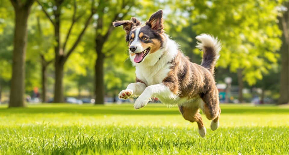 Australian Shepherd or Border Collie leaping in a park, illustrating heartworm disease FAQs for dogs.
