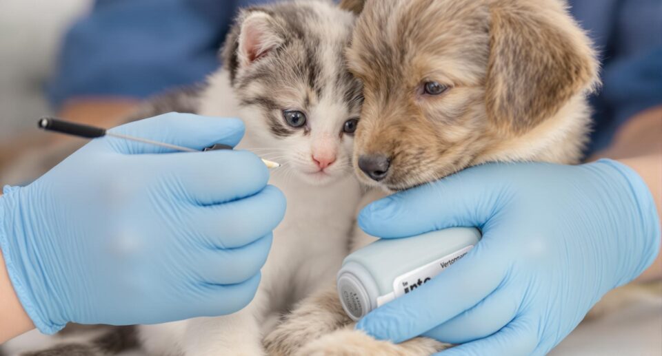 Veterinarian applying heartworm prevention to a kitten and puppy with compassionate care.
