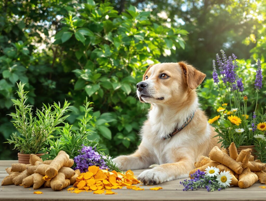A well-groomed dog in a natural setting surrounded by herbal ingredients, showcasing a holistic approach to dog allergies.