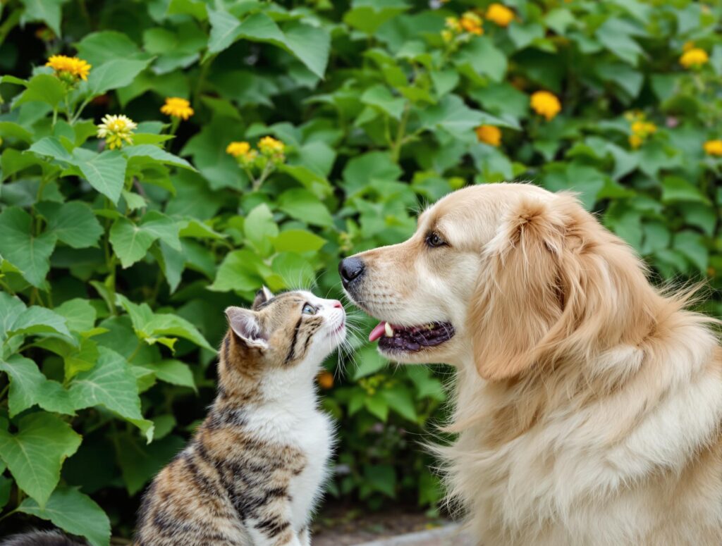A holistic perspective on immunization featuring a playful dog and curious cat interacting in a lush garden.