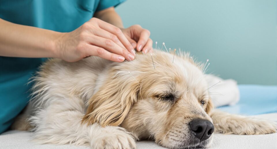 A veterinarian in teal scrubs applies acupuncture needles to a relaxed dog on an examination table, illustrating holistic pain management for dogs.