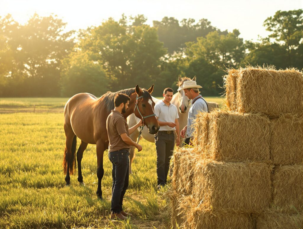 Serene pastoral scene of horse caretakers examining hay bales with horses grazing in morning light.