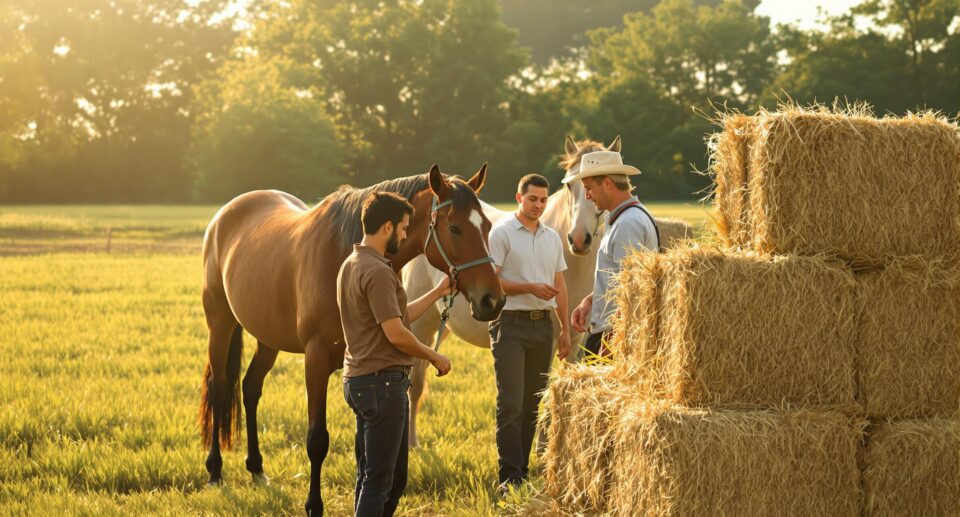 Serene pastoral scene of horse caretakers examining hay bales with horses grazing in morning light.