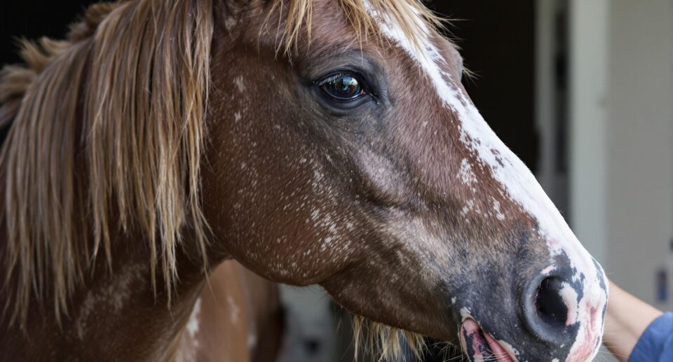 A close-up image of a horse experiencing choke, highlighting distress and anatomical details for educational purposes.