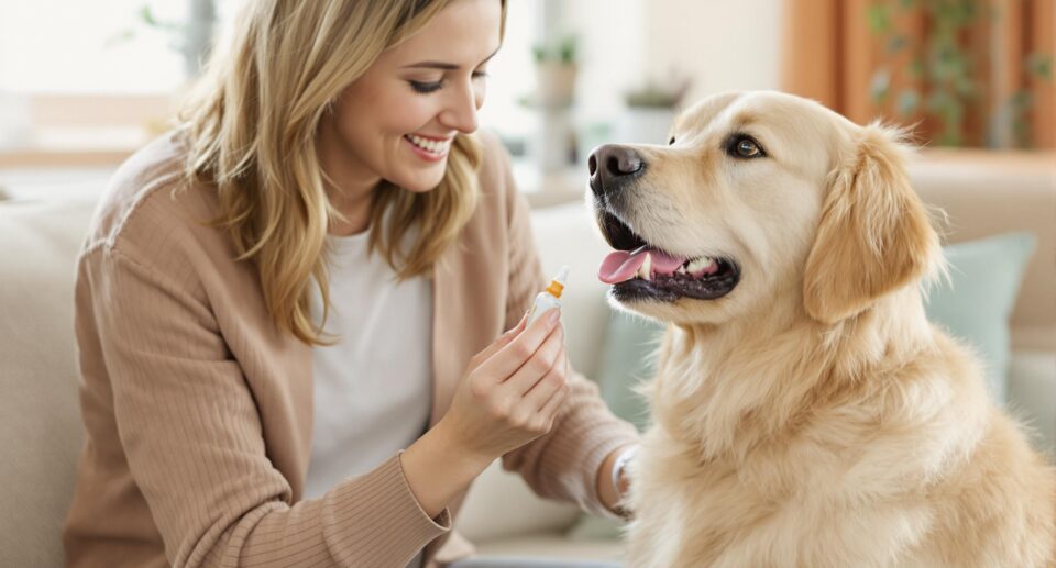 Pet owner administering medication to golden retriever in living room, emphasizing pet care and bond, related to horse feed supplements.