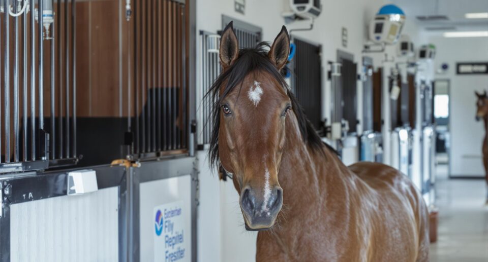 Majestic bay horse in a well-lit stable with fly control systems, illustrating effective horse fly control tips.