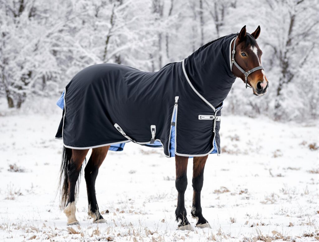 Majestic horse in a winter landscape wearing a black blanket, illustrating prevention of blanket sores.