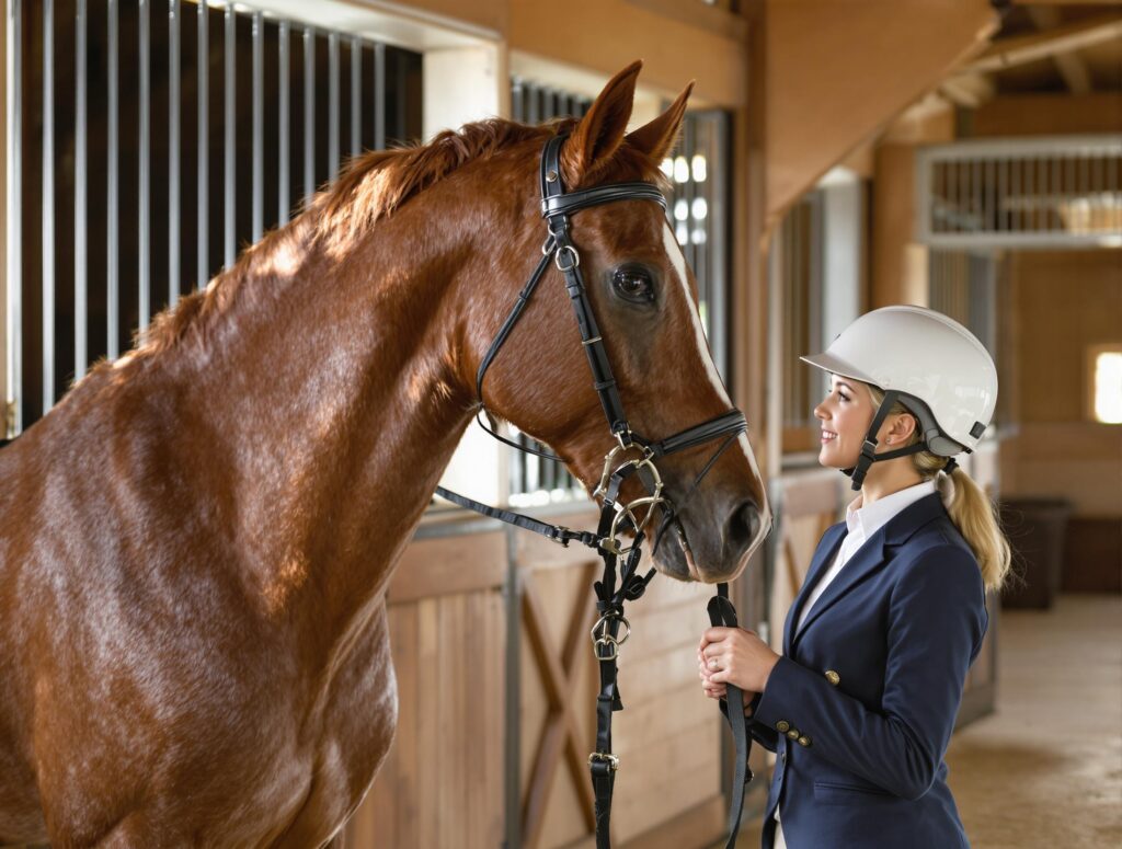 A female rider in a stable approaches a chestnut horse, highlighting horse riding safety tips.