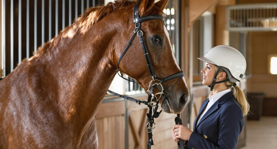 A female rider in a stable approaches a chestnut horse, highlighting horse riding safety tips.