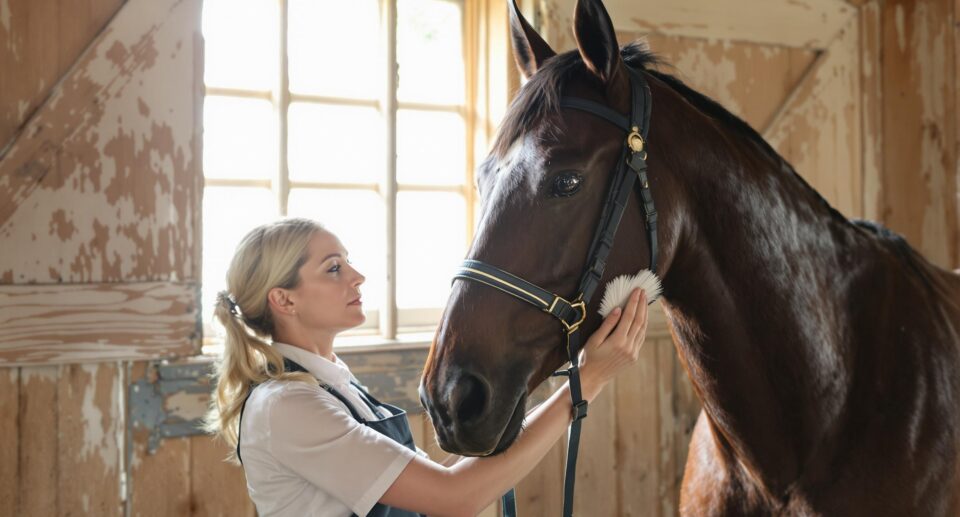 A professional equestrian grooms a chestnut horse in a rustic stable, highlighting preparation for spring.