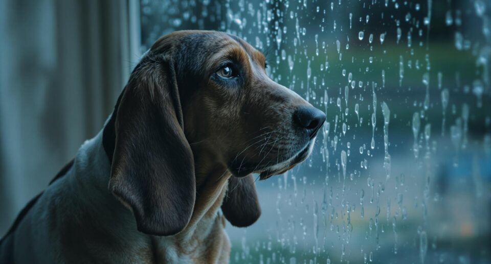 A sad-looking hound dog looking out the window as it pours rain outside