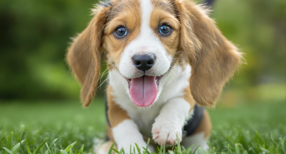 a happy beagle puppy runs in grass