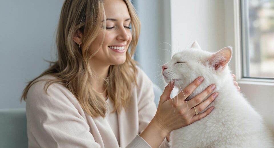 A person gently petting a relaxed white cat, illustrating how to pet a cat.
