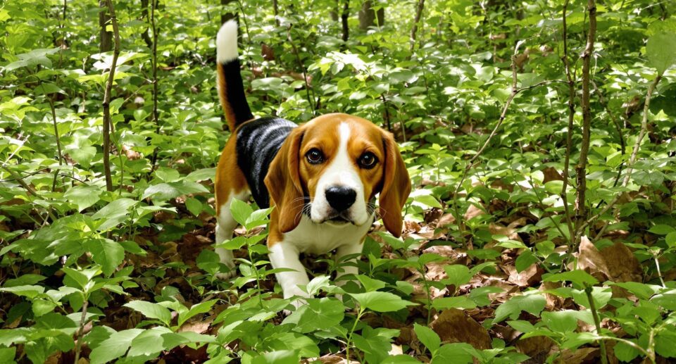 A Beagle among green foliage demonstrates how outdoor adventures can lead to unwanted flea encounters.
