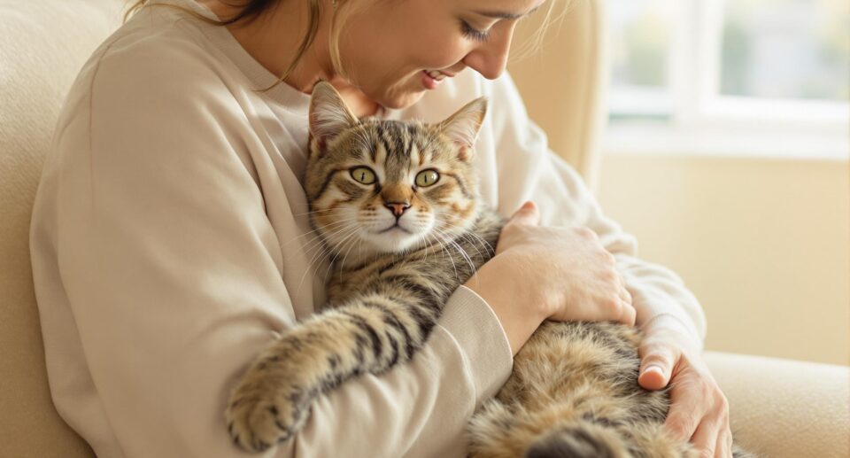 Mid-30s cat owner embraces microchipped tabby cat in a warmly lit living room, highlighting the bond and need for cat microchips.