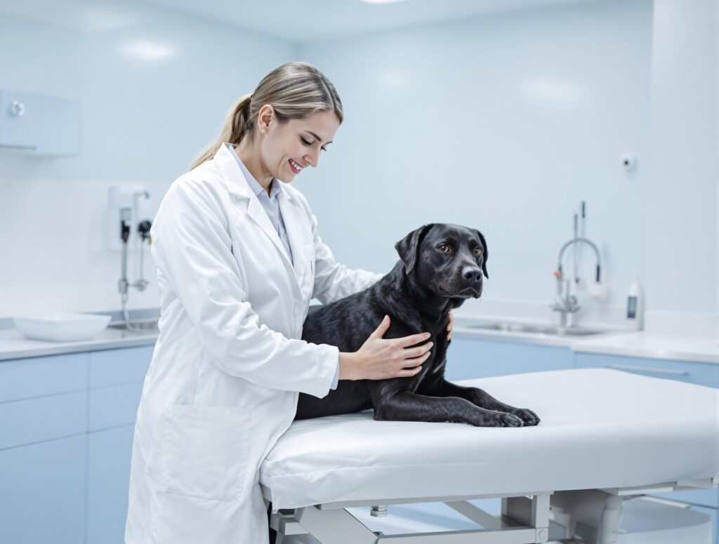 Veterinarian examining a black dog, ensuring Interceptor safety in a clinical setting.