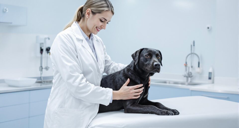 Veterinarian examining a black dog, ensuring Interceptor safety in a clinical setting.
