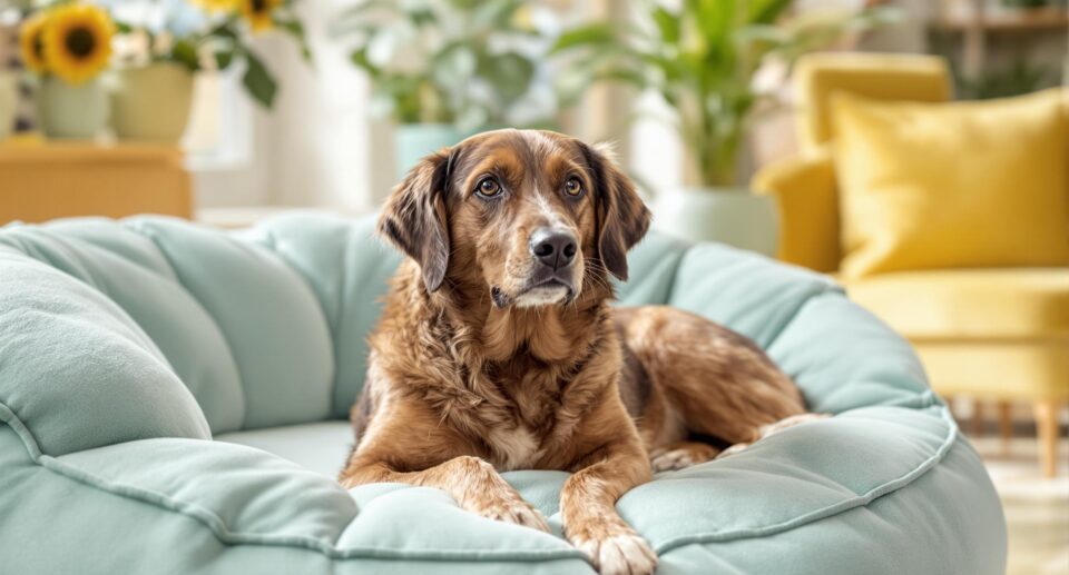 A dog lying on a couch in a plush living room