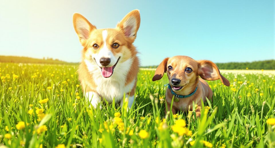Corgi and Dachshund playing in a meadow, highlighting IVDD awareness for dog parents.