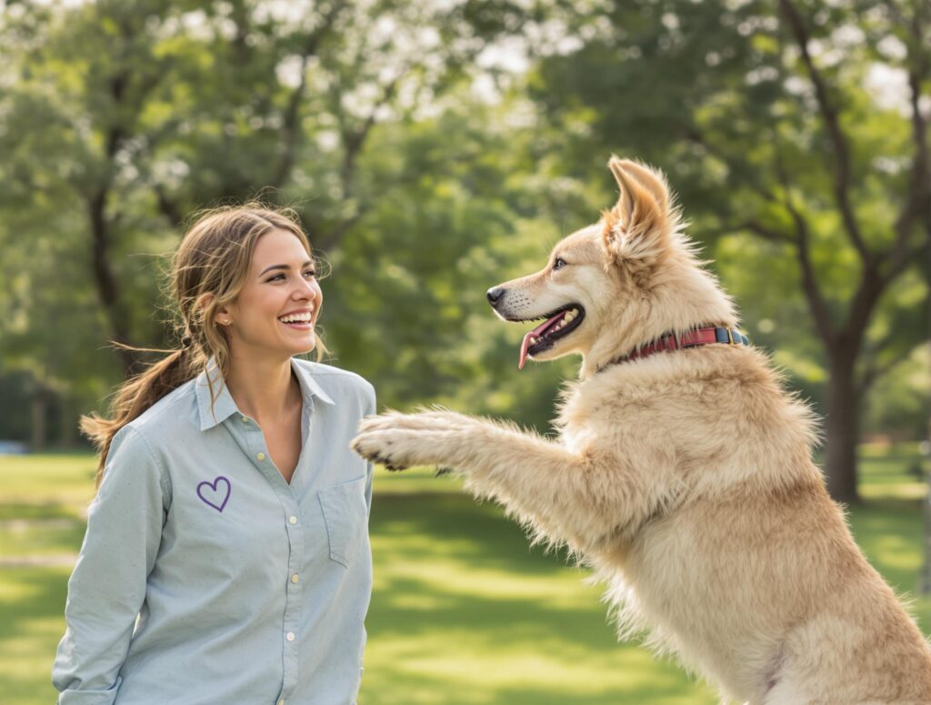 Young woman in a collard gray-blue shirt looks happily at her dog who is jumping up on their hind legs and also looks happy