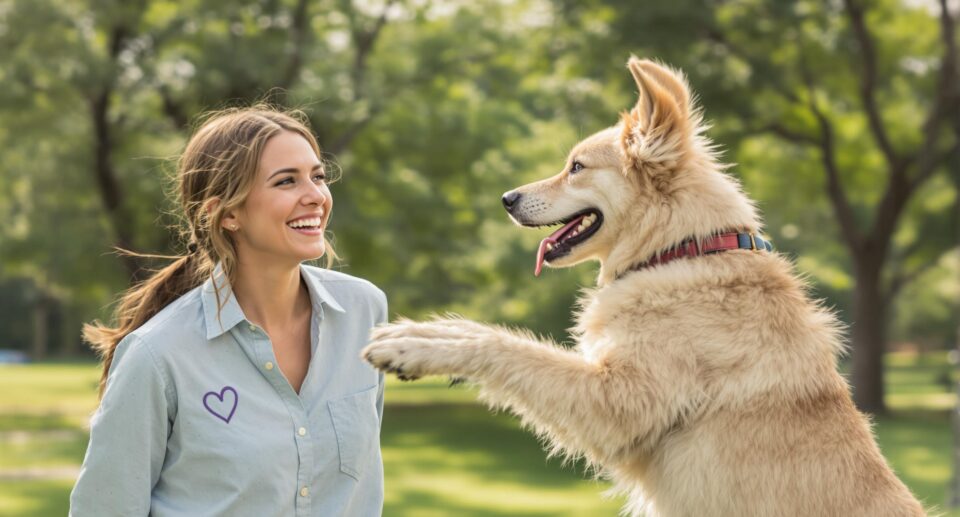 Young woman in a collard gray-blue shirt looks happily at her dog who is jumping up on their hind legs and also looks happy