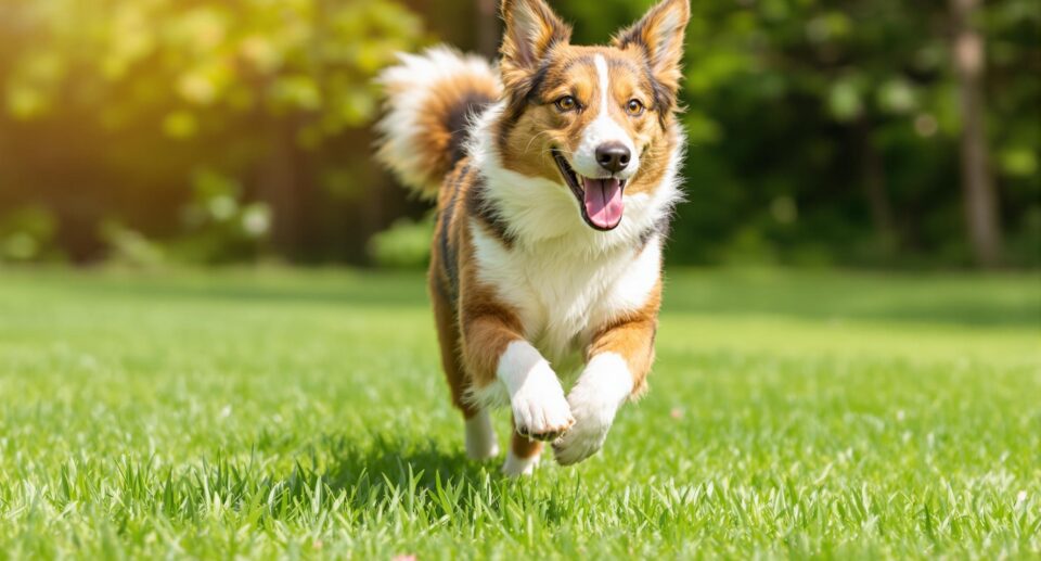An energetic border collie or Australian shepherd dog running joyfully in a sunlit green backyard, illustrating vitality and health, aligned with K9 Advantix flea and tick control benefits for dogs.