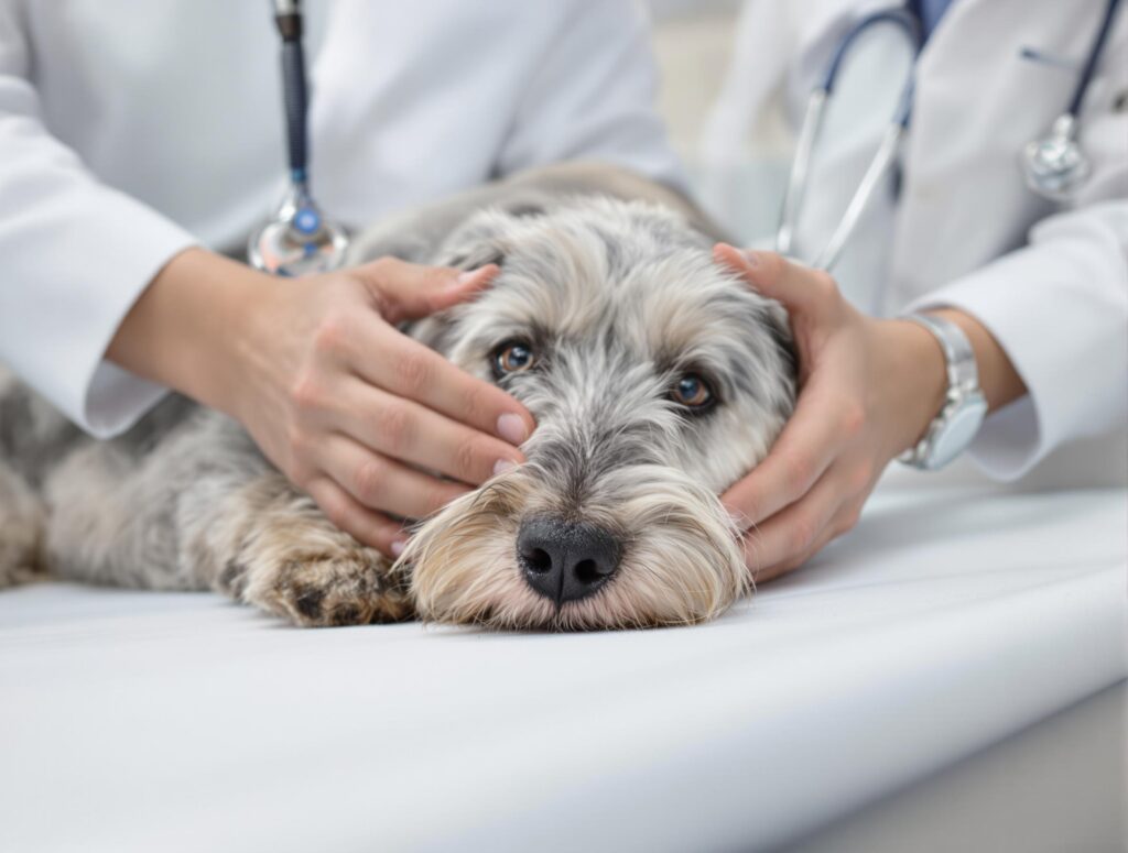 Senior Schnauzer dog with kidney disease being gently examined by a veterinarian on a white table.