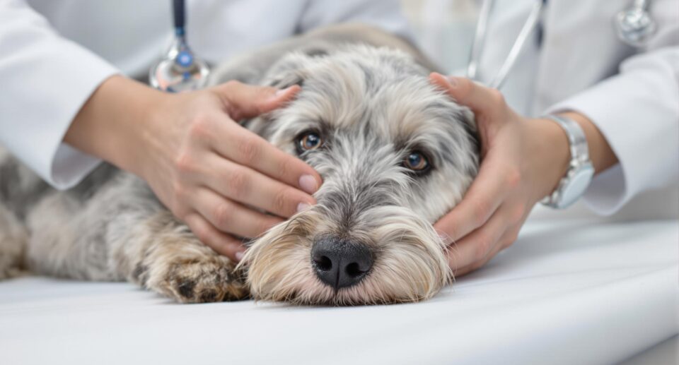 Senior Schnauzer dog with kidney disease being gently examined by a veterinarian on a white table.