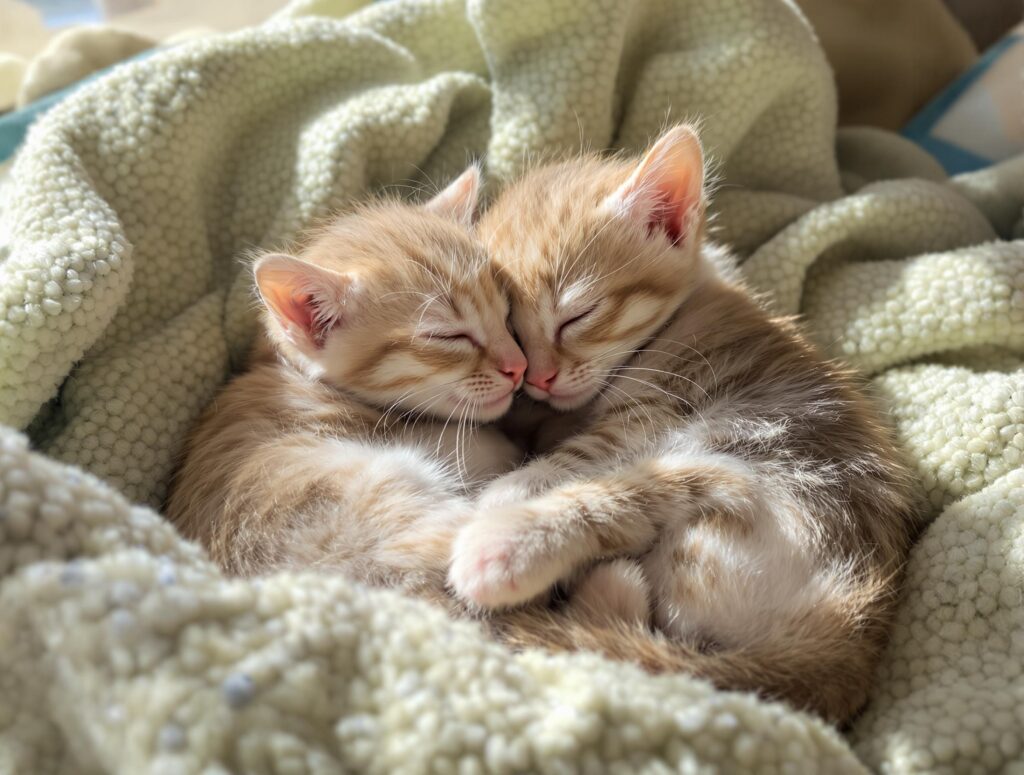 two kittens sleeping in a green blanket