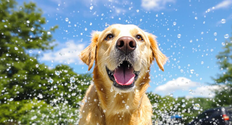 A Labrador Retriever in the Backyard taking a bath