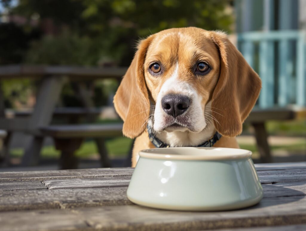 A beagle sits in front of an empty ceramic food bowl
