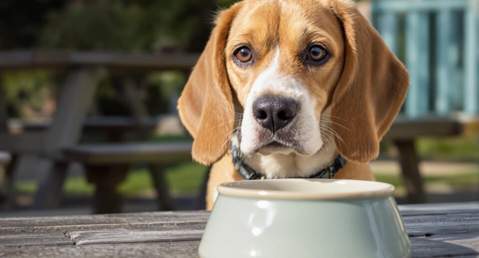 A beagle sits in front of an empty ceramic food bowl