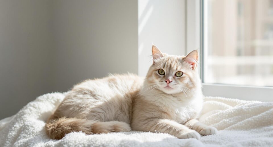 Serene female cat resting on ivory blanket, promoting cat health and spaying advice.