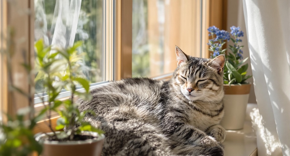 Elderly gray tabby cat with soft fur curled up on a sunlit windowsill, emphasizing cat life expectancy and serene home ambiance.