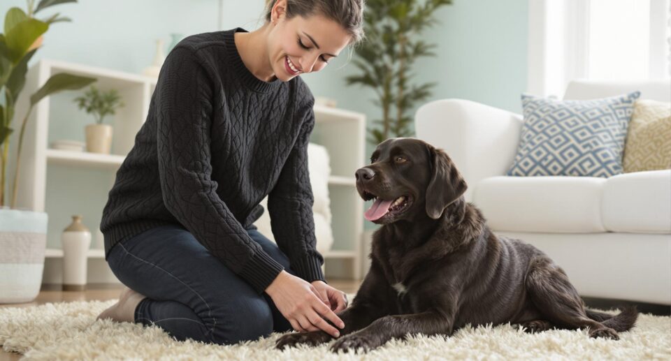 Woman gently examines her cheerful Chocolate Lab's leg during a home wellness check, showing how attentive owners can spot early signs of mobility issues.