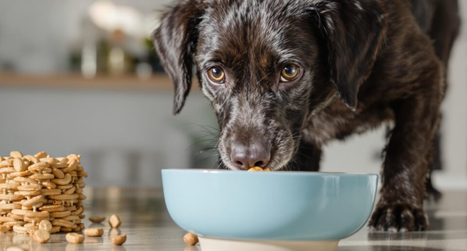 A playful medium-sized black dog eats from a sleek blue ceramic bowl, highlighting the need for low-fat dog food.