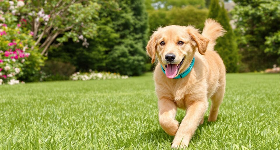 Golden Retriever puppy wearing a Preventic Amitraz Tick Collar in a garden, illustrating lyme disease prevention for dogs.