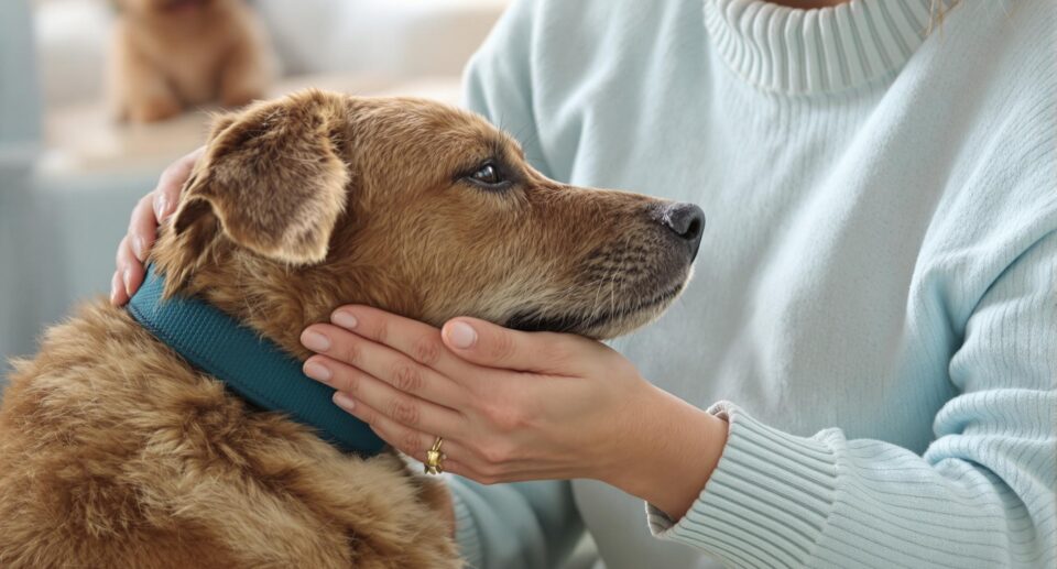 A concerned pet owner examines a lethargic dog for symptoms of Lyme disease in a warmly lit room.