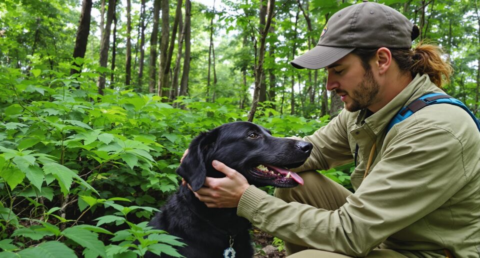 A pet owner checking a dog for ticks in a forest to prevent Lyme disease.