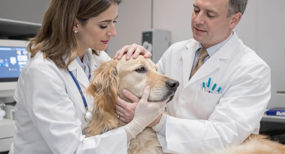 A compassionate veterinarian examines a serene golden retriever for lymphoma in a modern clinic.