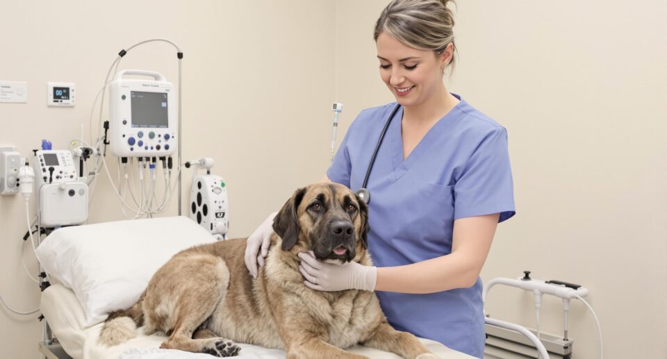 Female veterinarian in blue uniform administers chemotherapy to a large dog in a clean veterinary clinic for lymphoma treatment.