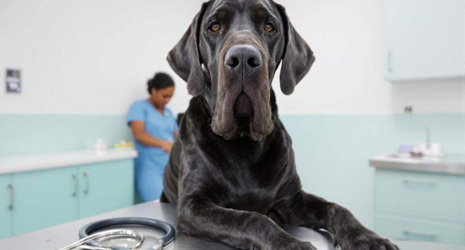 Great Dane and owner study heart health chart in veterinary clinic, highlighting dilated cardiomyopathy in dogs.