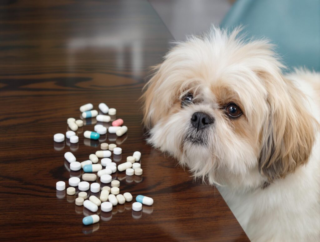 A Shih Tzu dog in front of a table with pills on it